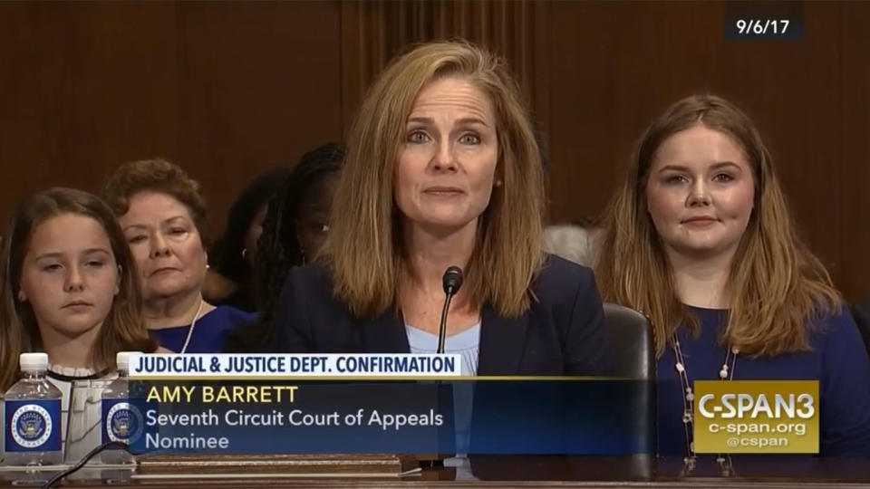 Judge Amy Coney Barrett speaks during the nomination hearing for the 7th District Court of Appeals before the Senate Judiciary Committee on September 6, 2017. (via C-Span)