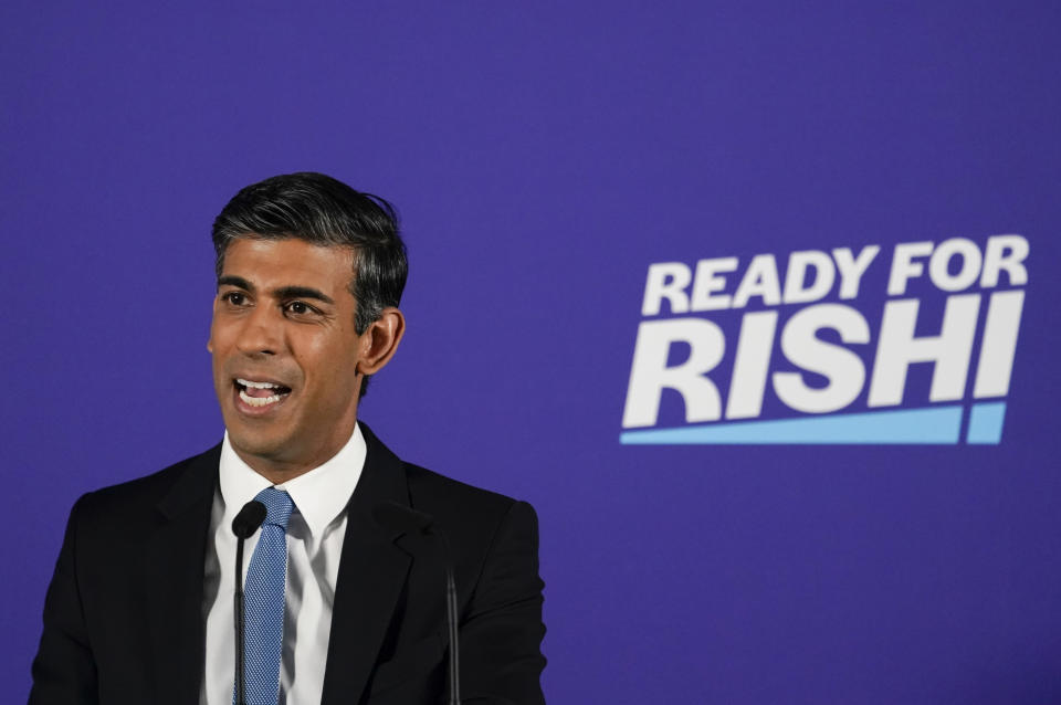 FILE - British Conservative Party member Rishi Sunak launches his campaign for the Conservative Party leadership, in London, Tuesday, July 12, 2022. Britain’s Conservative Party will choose two finalists on Wednesday, July 20, 2022, in the contest to replace Boris Johnson, as the divisive, unrepentant leader makes his final appearance in Parliament as prime minister. (AP Photo/Alberto Pezzali, File)