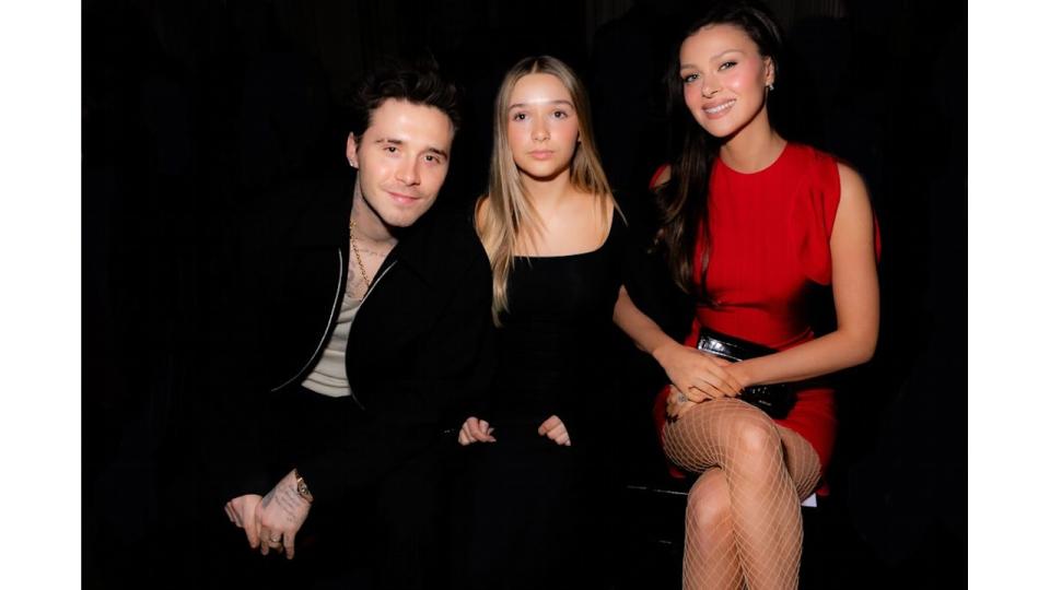 Brooklyn Beckham, Harper Beckham, and Nicola Peltz Beckham at Victoria Beckham fashion show