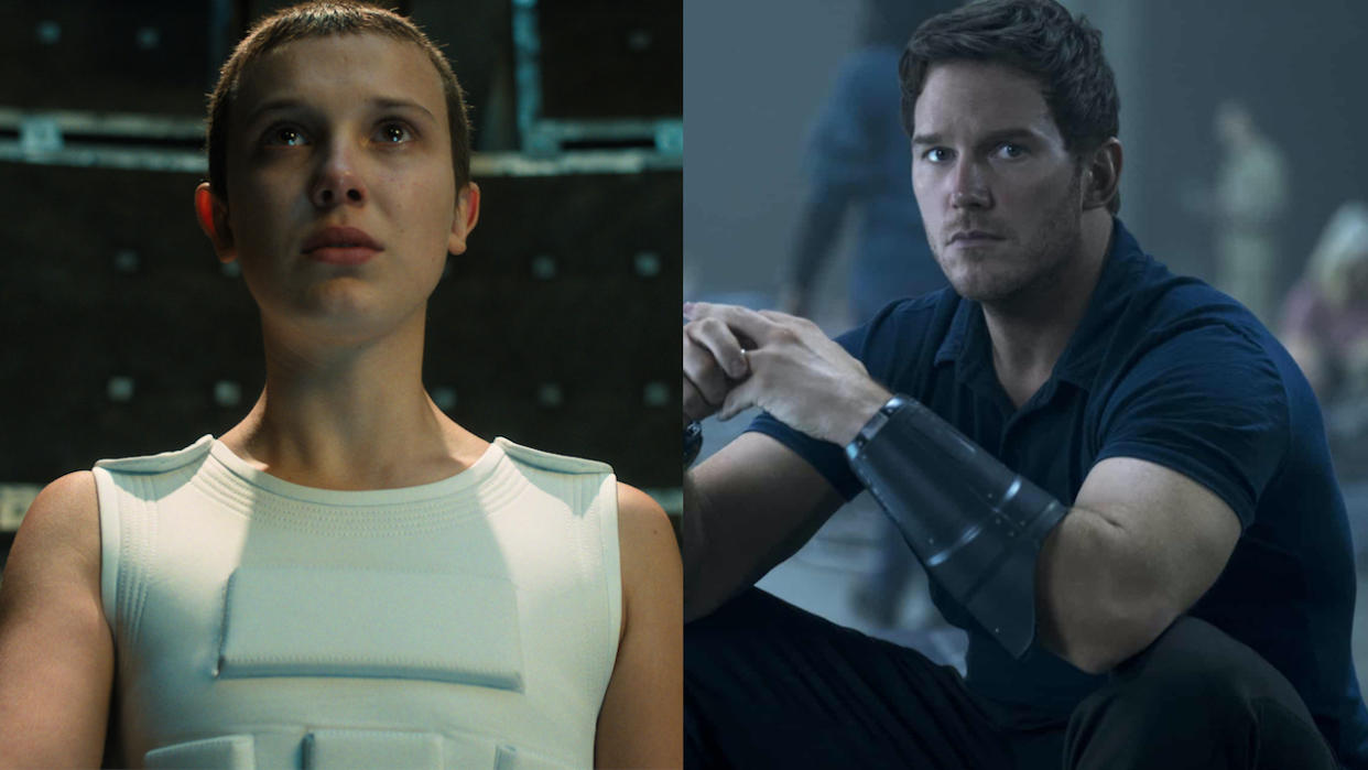  Side-by-side pictures of Millie Bobby Brown and Chris Pratt. 