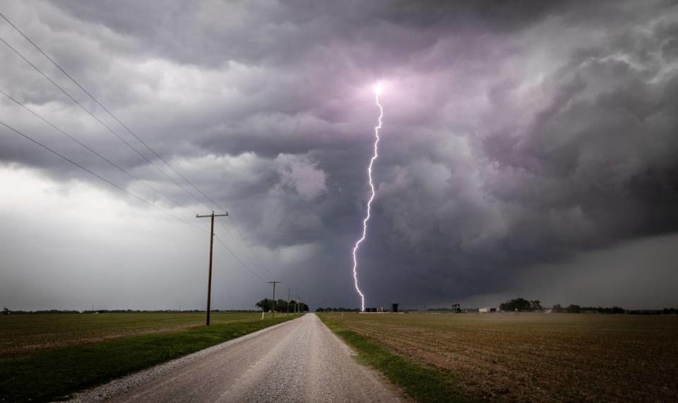 A lightning bolt hits the ground west of Arkansas City in April. A line of storms that originated south of Wichita went on to produce tornadoes around towns like Dexter and Howard later in the afternoon. Wichita, though, has largely missed storms such as these this spring.