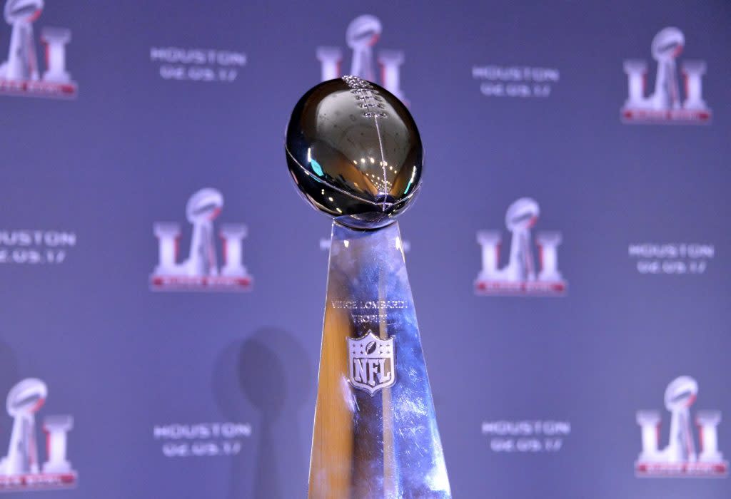 Feb 8, 2016; San Francisco, CA, USA; General view of Super Bowl LI logo and Lombardi Trophy during press conference at the Moscone Center. Mandatory Credit: Kirby Lee-USA TODAY Sports