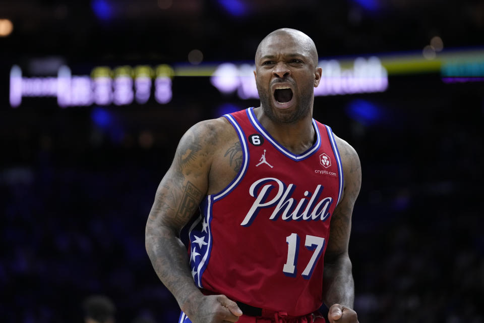 FILE - Philadelphia 76ers' P.J. Tucker reacts during the second half of Game 3 in an NBA basketball Eastern Conference semifinals playoff series against the Boston Celtics, Friday, May 5, 2023, in Philadelphia. James Harden got his trade to the Clippers. The Sixers sent Harden, P.J. Tucker and Filip Petrušev to Los Angeles for Marcus Morris, Robert Covington, Nic Batum, K.J. Martin, a 2028 unprotected first-round pick, two second-round picks, a 2029 draft-pick swap and additional first-rounder from a third team, a person familiar with the trade told The Associated Press Tuesday, Oct. 31.(AP Photo/Matt Slocum, File)