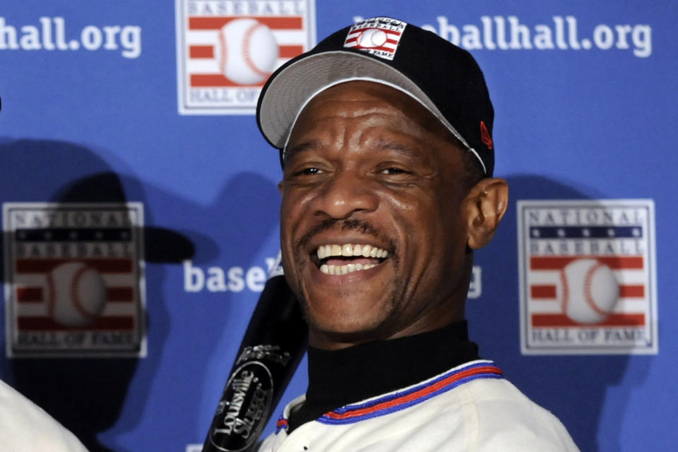 FILE - Baseball Hall of Fame inductee Rickey Henderson poses for during a news conference, Tuesday Jan. 13, 2009, in New York. (AP Photo/Richard Drew, File)