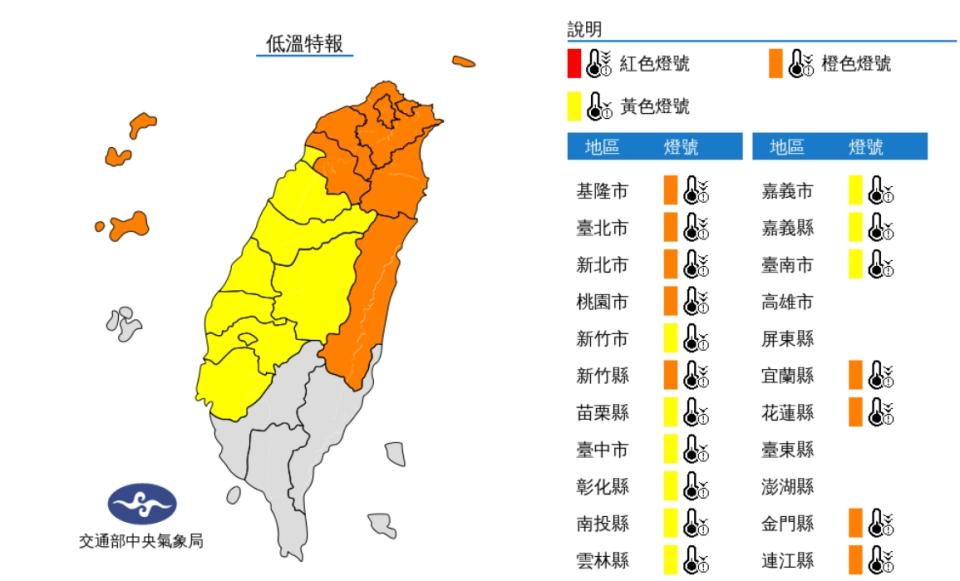 今日氣象局針對全台22個縣市發布了低溫特報。（圖／翻攝自中央氣象局）