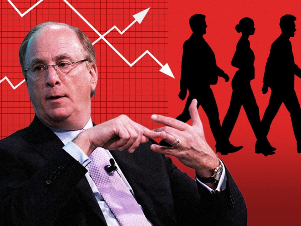 Larry Fink on the left side of the composition with three silhouettes walking out of frame on the right side with a red background and a white arrow going downwards