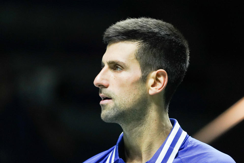 Novak Djokovic of Serbia in action during the Davis Cup Finals 2021, Semifinal 1, tennis match played between Croatia and Serbia at Madrid Arena pabilion on December 03, 2021, in Madrid, Spain.  (Photo by Oscar Gonzalez/NurPhoto via Getty Images)