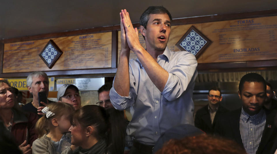 Former Texas congressman Beto O'Rourke addresses a gathering during a campaign stop at a restaurant in Manchester, N.H., Thursday, March 21, 2019. O'Rourke announced last week that he'll seek the 2020 Democratic presidential nomination. (AP Photo/Charles Krupa)