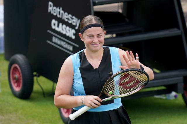 Jelena Ostapenko celebrates at the Rothesay Classic