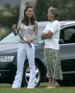 <p>Speaking with journalist Claire Tomlinson while watching Prince Harry and Prince William play in a charity polo match at the Beaufort Polo Club in Tetbury, England. </p>