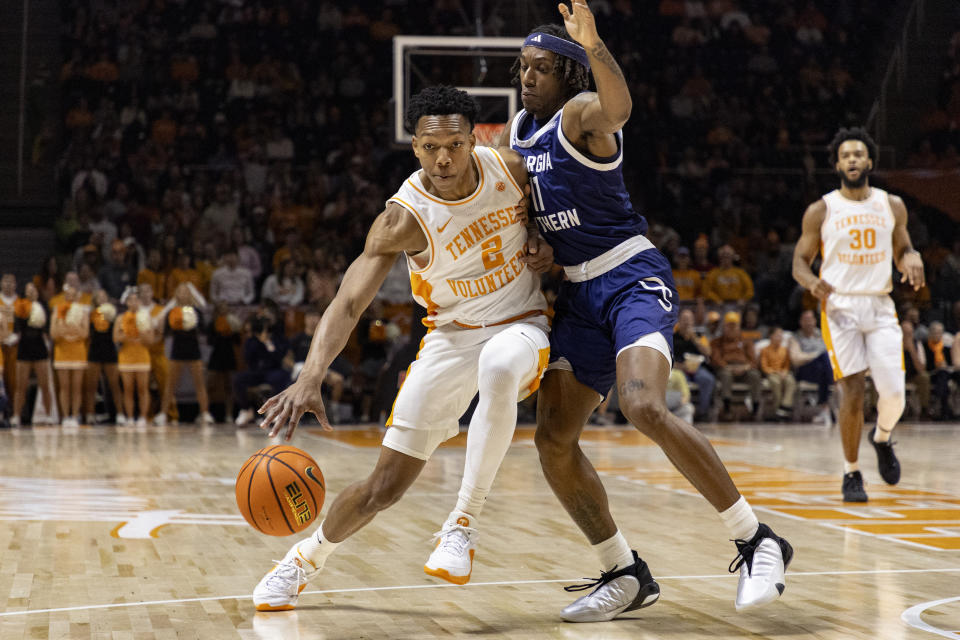 Tennessee guard Jordan Gainey drives against Georgia Southern guard Jamar Franklin during the first half of an NCAA college basketball game, Tuesday, Dec. 12, 2023, in Knoxville, Tenn. (AP Photo/Wade Payne)