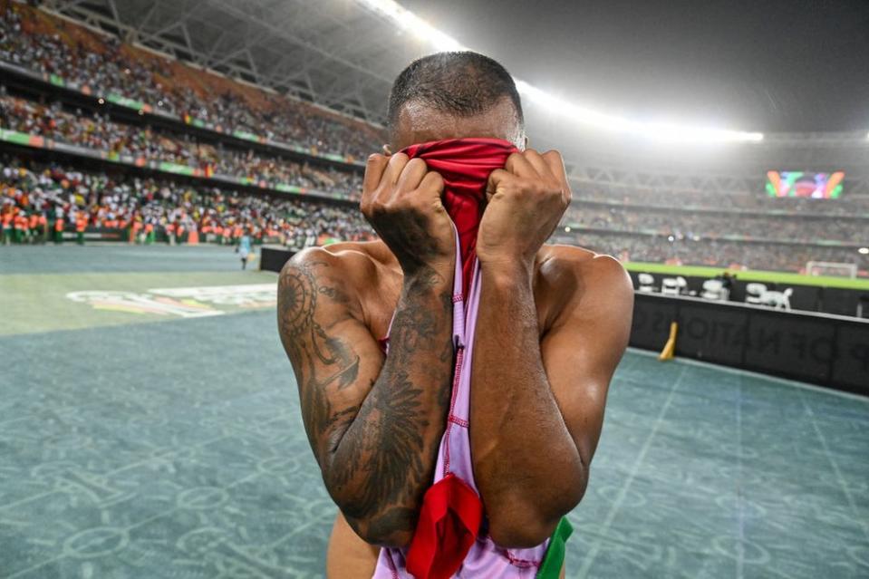 Equatorial Guinea's defender #15 Carlos Akapo reacts after the defeat at the end of the Africa Cup of Nations (CAN) 2024 round of 16 football match between Equatorial Guinea and Guinea at the Alassane Ouattara Stadium in Ebimpe, Abidjan, on January 28, 2024.