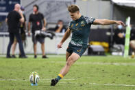 Australia's James O'Connor kicks a penalty goal during the Rugby Championship test match between the Pumas and the Wallabies in Townsville, Australia, Saturday, Sept. 25, 2021. (AP Photo/Tertius Pickard)