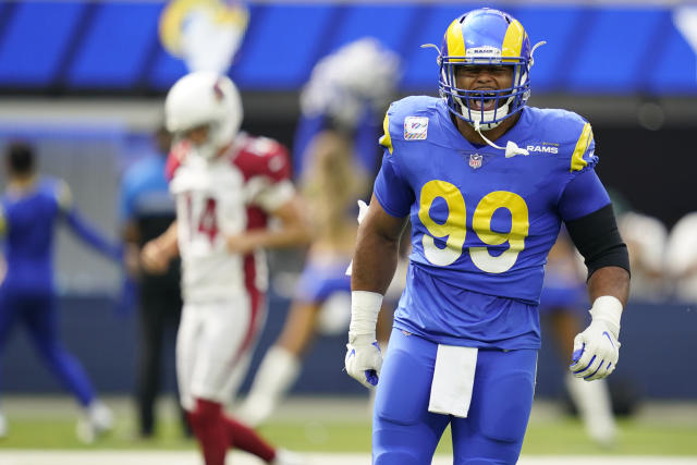 Los Angeles Rams cornerback Jalen Ramsey (5) during an NFL football game  against the Arizona Cardinals, Sunday, Oct. 3, 2021, in Inglewood, Calif.  The Arizona Cardinals defeated the Los Angeles Rams 37-20. (