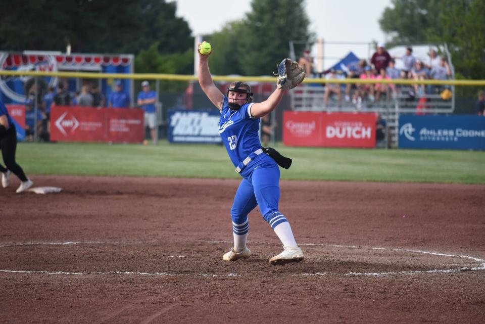 Macy Blomgren delivers a pitch during the Class 2A state softball semifinal matchup between Van Meter and Central Springs on Wednesday. Van Meter earned a 10-9 win to advance to Friday's state title game.