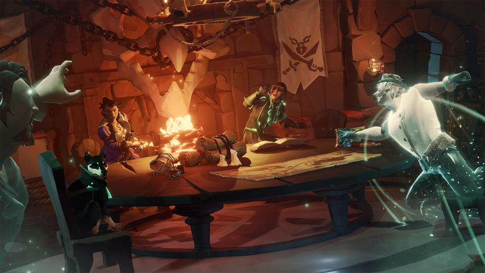 Two ghost pirates lunge to attack two pirates, who sit next to a fireplace