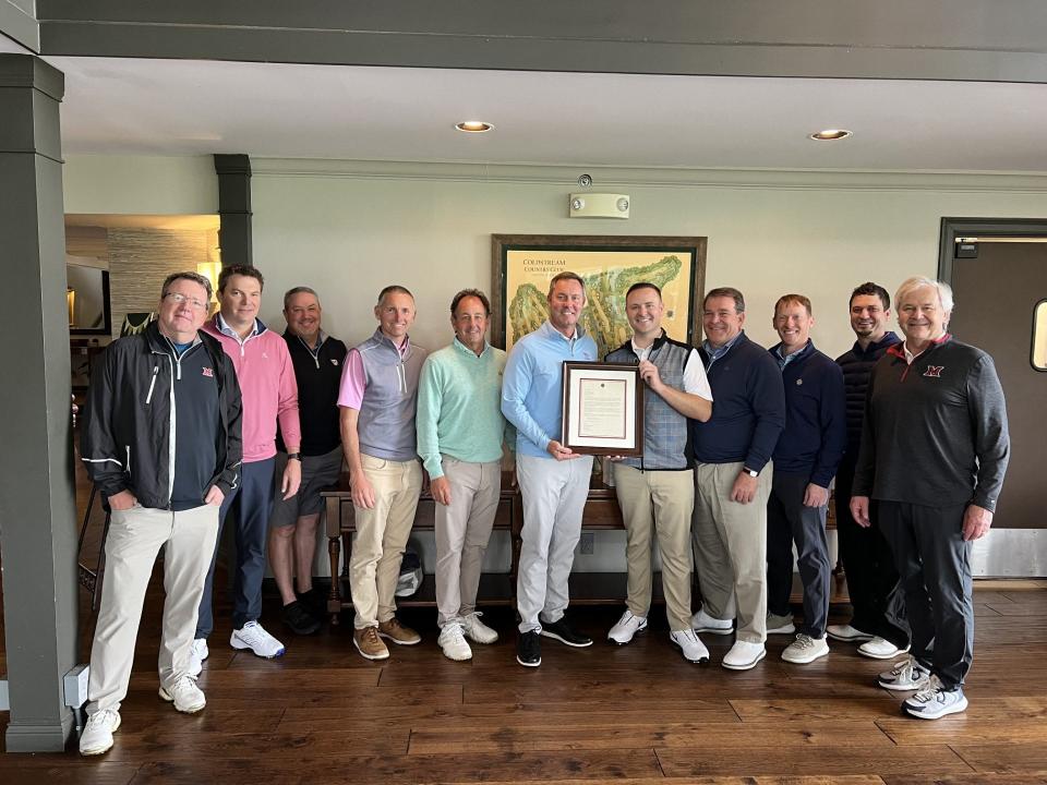 USGA CEO Mike Whan (middle) became an honorary member at Coldstream Country Club on Friday, April 19, 2024. Whan became a grounds crew member at the club when he was a student at Anderson High School.