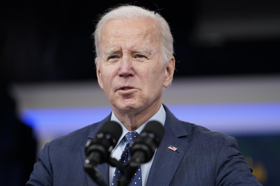 FILE - President Joe Biden speaks about the Chinese surveillance balloon and other unidentified objects shot down by the U.S. military, Feb. 16, 2023, in Washington. Biden says that the U.S. is updating its guidelines for monitoring and reacting to unknown aerial objects. That’s after the discovery of a suspected Chinese spy balloon transiting the country triggered three weeks of high-stakes drama, and U.S. Air Force shoot downs. (AP Photo/Evan Vucci, File)