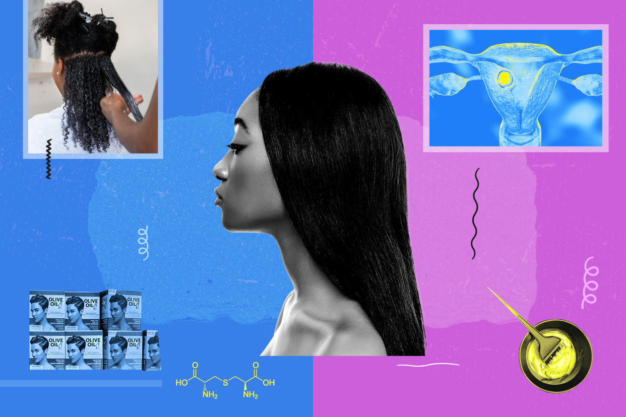 A photo illustration shows a Black woman getting her hair straightened, a Black woman with straight hair, boxes of a hair product, and a drawing of a uterus with a cancerous growth.