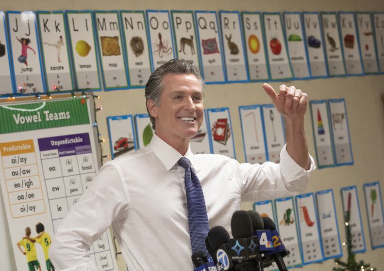 North Hollywood, CA - December 09, 2021: Gov. Gavin Newsom addresses the media inside a classroom at Arminta Elementary School in North Hollywood about his new kid's book about dyslexia and his struggles with it. (Mel Melcon / Los Angeles Times)