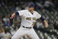 Milwaukee Brewers' Brett Anderson pitches during the first inning of a baseball game against the Pittsburgh Pirates, Saturday, April 17, 2021, in Milwaukee. (AP Photo/Aaron Gash)