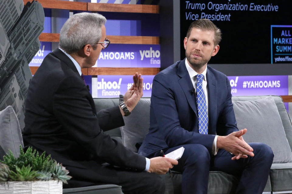 NEW YORK, NEW YORK - OCTOBER 10: Moderator Adam Shapiro (L) and Eric Trump attend the Yahoo Finance All Markets Summit at Union West Events on October 10, 2019 in New York City. (Photo by Jim Spellman/Getty Images)
