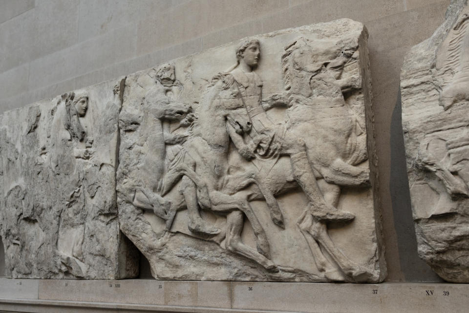 LONDON, ENGLAND - JANUARY 05: Items are displayed in the Parthenon Galleries at the British Museum on January 05, 2023 in London, England. The British Museum and the Acropolis Museum in Athens are reportedly settling in on an agreement that could see the Parthenon Marbles, formerly known as the Elgin Marbles, returned to Greece in the coming years as part of a cultural exchange, putting an end to a 200-year-old dispute over the artifacts.  (Photo by Dan Kitwood/Getty Images)