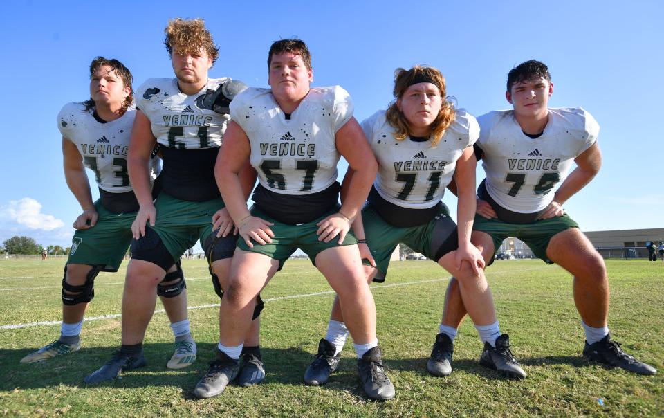 The Venice High School starting offensive line, from left, Anthony Tanaka, #73; Matthew Peavly, #61; Matthew LoCicero, #67; Bryan McFall, #71; Nick Garza, #79.