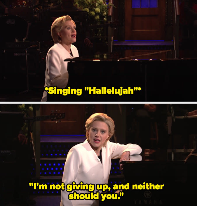 Top: Kate McKinnon as Hilary Clinton plays the piano and sings in "Saturday Night Live" Bottom: Kate McKinnon as Hilary Clinton says "I'm not giving up, and neither should you" in "Saturday Night Live"