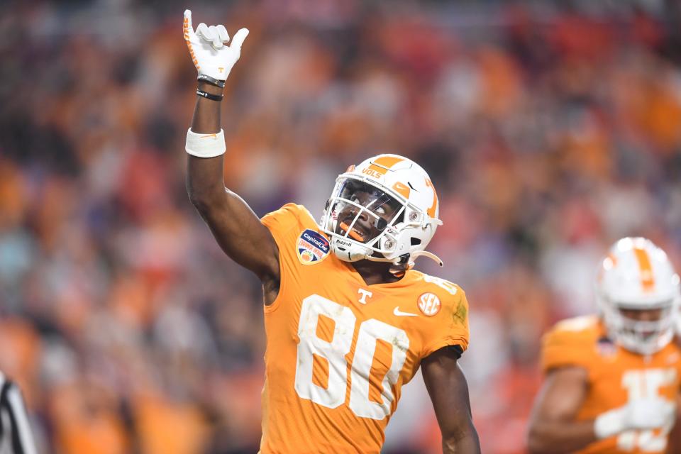 Tennessee wide receiver Ramel Keyton (80) celebrates a touchdown during the Orange Bowl game between the Tennessee Vols and Clemson Tigers at Hard Rock Stadium in Miami Gardens, Fla. on Friday, Dec. 30, 2022. Tennessee defeated Clemson 31-14.