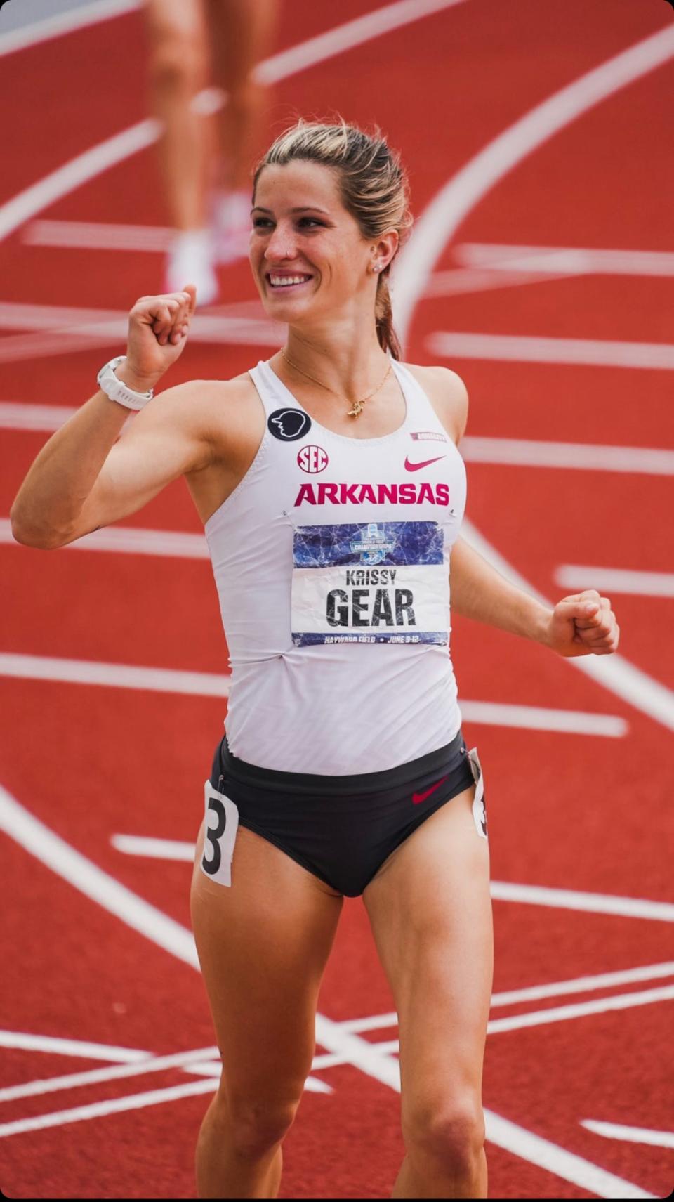 Arkansas runner and Fort Myers alum Krissy Gear is all smiles at the NCAA National Championships in Eugene, Ore. on Saturday, June 12, 2021.
