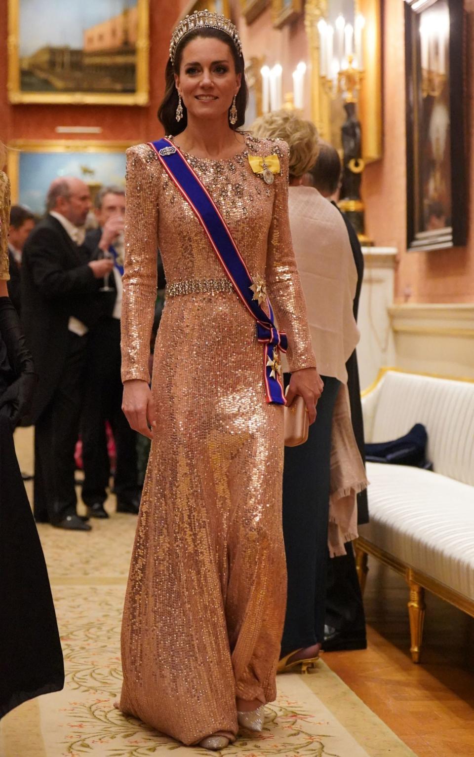 The Princess of Wales wearing a pale pink Jenny Packham gown