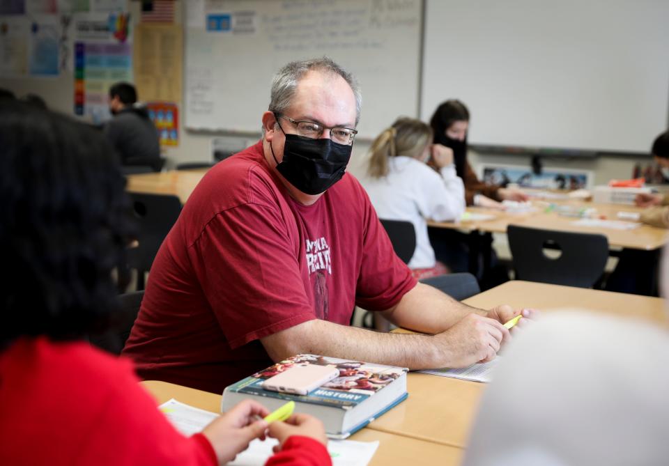 AP U.S. history teacher Frank White discusses race and identity with his students Jan. 27 at Central High School in Independence, Ore.