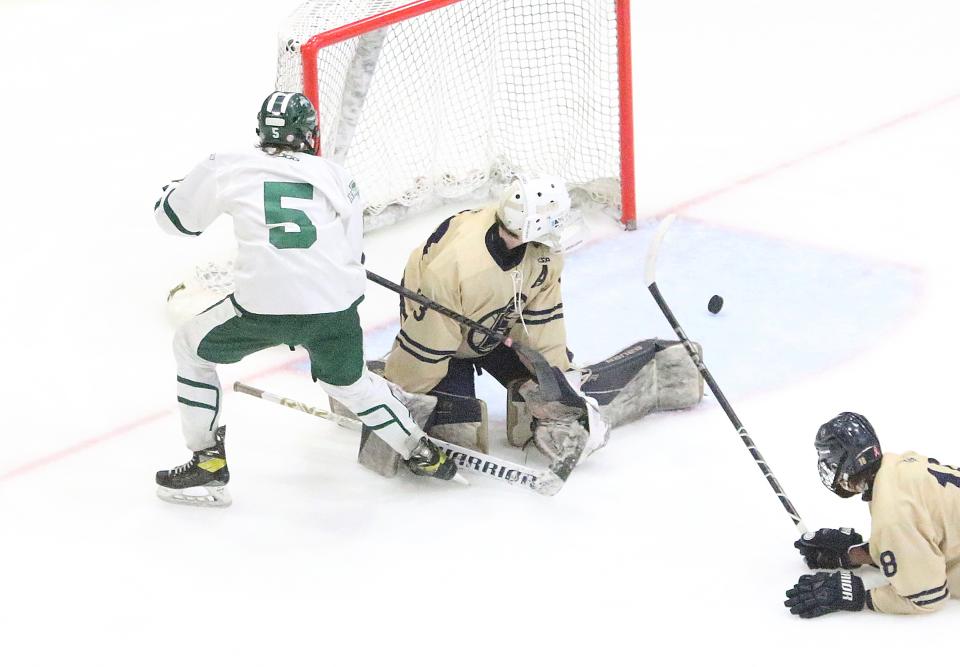 Rice's Brendan Patterson just misses scoring late in the Green Knights 2-0 loss to Essex in the D1 state championship game on Wednesday night at UVM's Gutterson Fieldhouse.