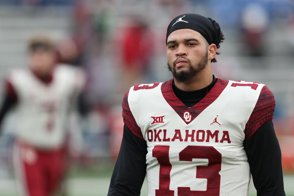 LAWRENCE, KS - OCTOBER 23: Oklahoma Sooners quarterback Caleb Williams (13) before a Big 12 football game between the Oklahoma Sooners and Kansas Jayhawks on Oct 23, 2021 at Memorial Stadium in Lawrence, KS. (Photo by Scott Winters/Icon Sportswire via Getty Images)