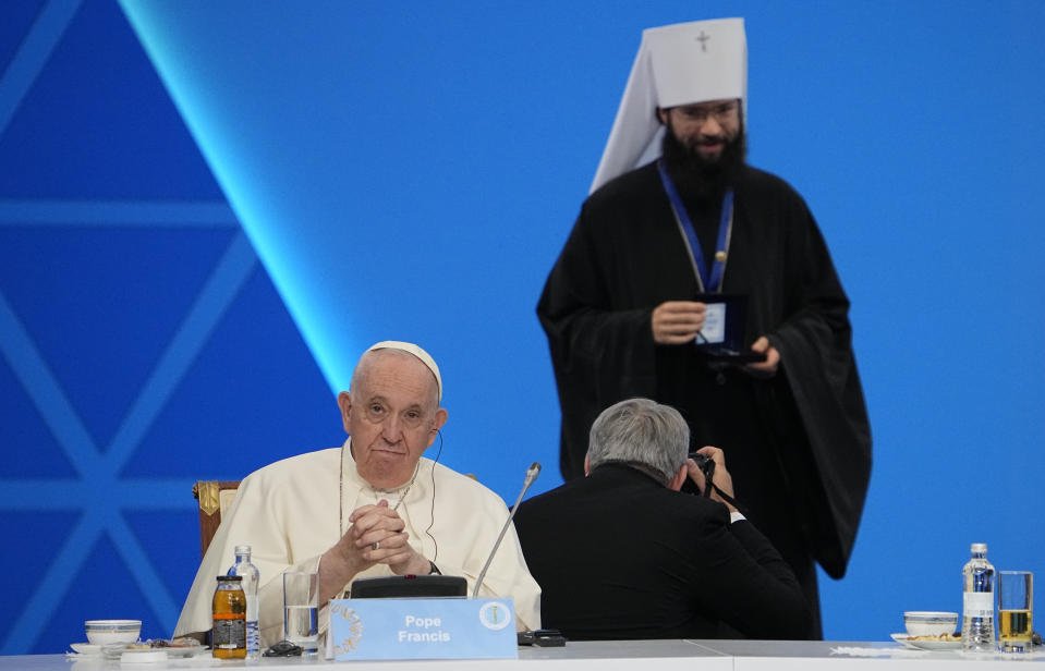 Pope Francis and Metropolitan Anthony, in charge of foreign relations for the Russian Orthodox Church, attend the '7th Congress of Leaders of World and Traditional Religions, in Nur-Sultan, Kazakhstan, Wednesday, Sep. 14, 2022. Against the backdrop of Russia's invasion of Ukraine, Francis opened an interfaith conference in the former Soviet republic of Kazakhstan by challenging delegations to unite in condemning war. (AP Photo/Alexander Zemlianichenko)