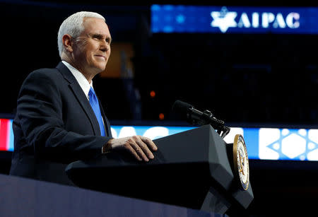 U.S. Vice President Mike Pence speaks at the American Israel Public Affairs Committee (AIPAC) policy conference in Washington, U.S., March 26, 2017. REUTERS/Joshua Roberts