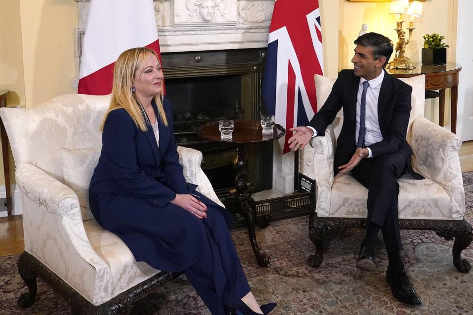 Prime Minister Rishi Sunak with Italian prime minister Giorgia Meloni in 10 Downing Street (Alberto Pezzali/PA) (PA Wire)