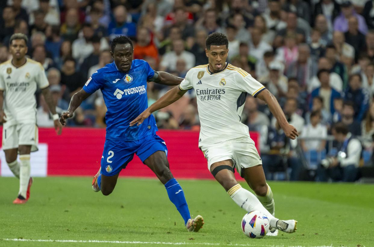 Real Madrid's Jude Bellingham (right) in action against Real Sociedad. (PHOTO: LALIGA)