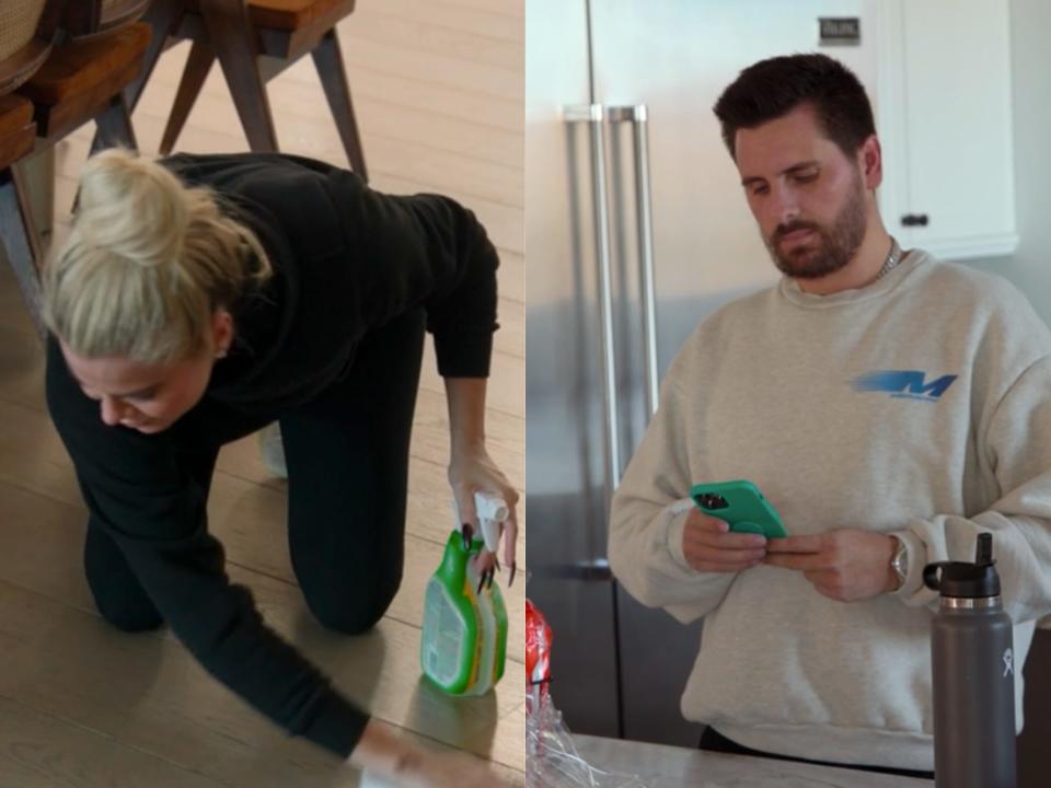 left: khloe kardashian kneeling on a wooden floor wiping it down with cleaning solution; right: scott disick standing at a counter, inspecting a pack of snacks