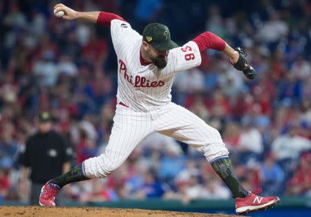 FILE PHOTO: May 17, 2019; Philadelphia, PA, USA; Philadelphia Phillies relief pitcher Pat Neshek (93) throws a pitch during the eighth inning against the Colorado Rockies at Citizens Bank Park. Mandatory Credit: Bill Streicher-USA TODAY Sports