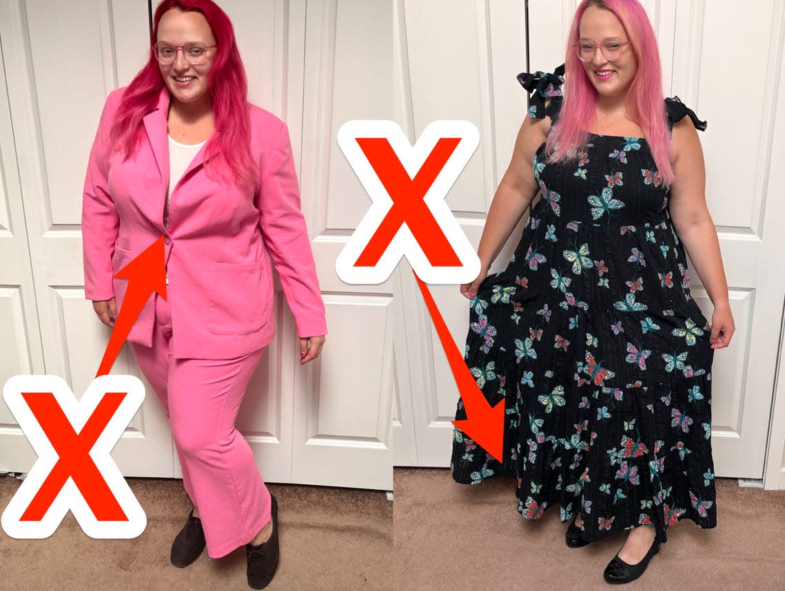 the writer in a pink suit with an "X" drawn to the button, next to photo of writer in black butterfly print dress with x drawn to hem
