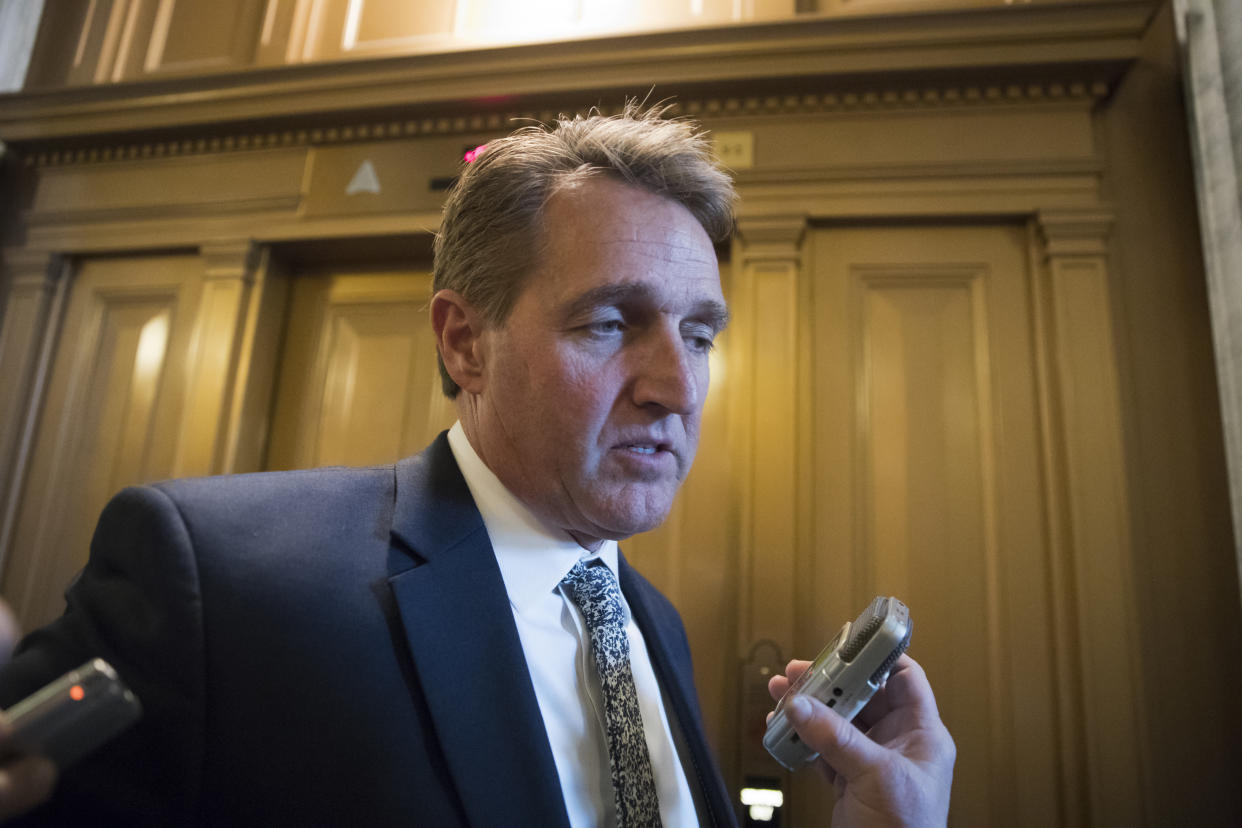 Sen. Jeff Flake, R-Ariz., speaks to reporters, March 20, 2018. (Photo: J. Scott Applewhite/AP)