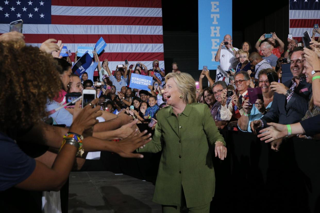 Hillary Clinton greets supporters at a campaign rally in Tampa, Fla., July 22, 2016. (Photo: Brian Snyder)