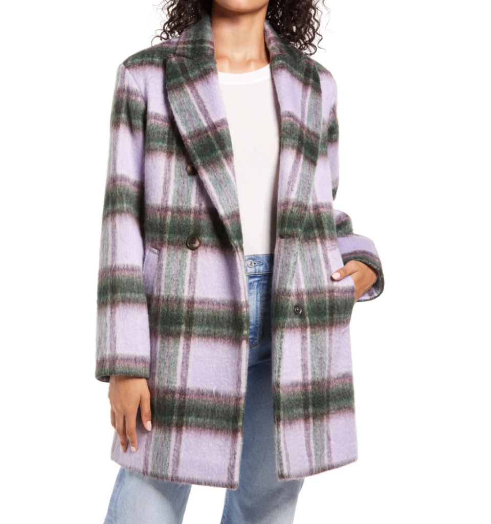 Halogen Plaid Brushed Coat in Purple-Green Plaid (Photo via Nordstrom)