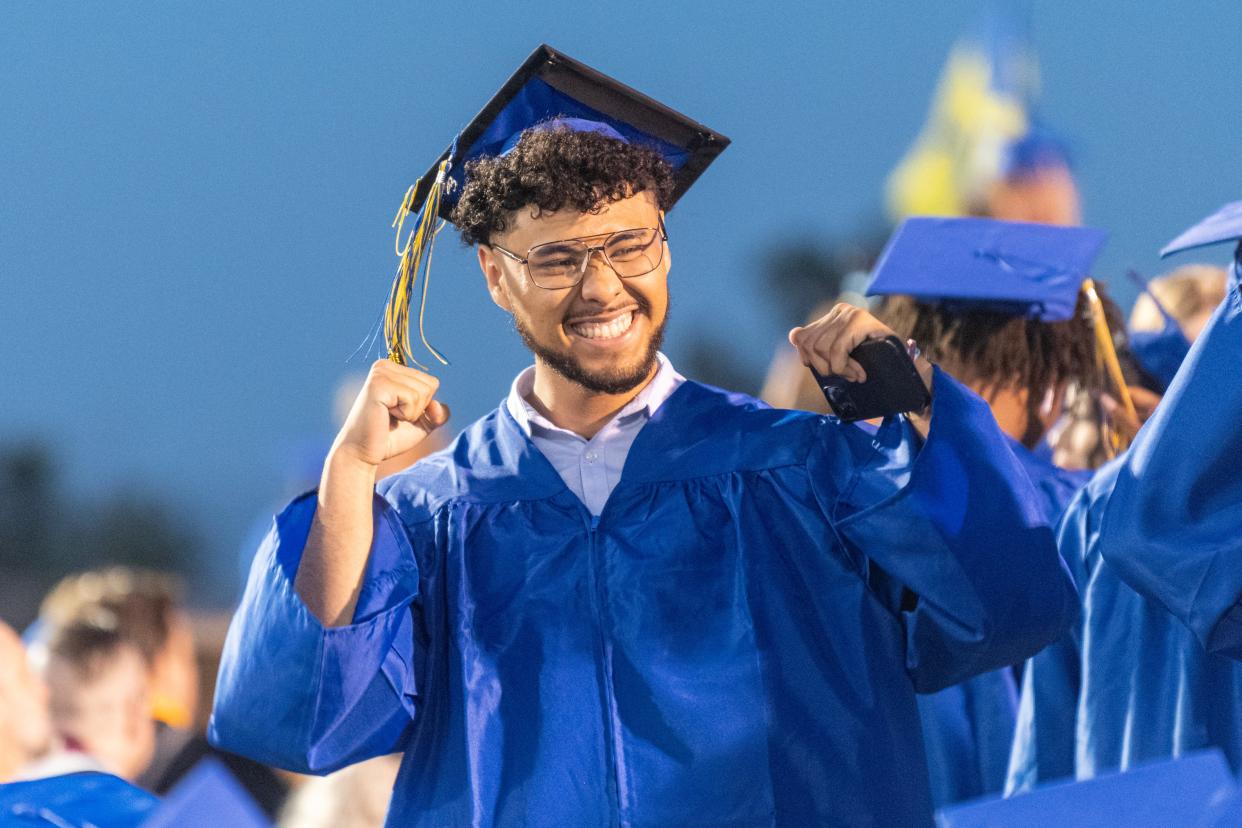 Graduates celebrate after receiving their Serrano High School diplomas during the school's Graduation Ceremony in Phelan CA on Thursday June 8, 2023. (James Quigg, for the Daily Press)