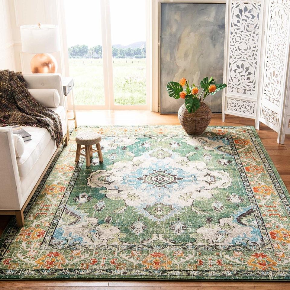 Made to be stain-resistant and non-shedding, this rug is perfect for realists who want a lovely rug designed for the slips, stains, and spills that happen when you let your family actually live in the living room.<br /><br /><strong>Promising review</strong>: "I love it! I bought this to replace a smaller rug I had in the space. This has nice, vivid colors. I definitely needed the <a href="https://www.amazon.com/dp/B01HN7T2WE?tag=bfmal-20&amp;ascsubtag=5854435%2C24%2C37%2Cd%2C0%2C0%2Cgoogle%2C962%3A1%3B901%3A2%3B900%3A2%3B974%3A2%3B975%3A2%3B982%3A2%3B994%3A1%2C16323394%2C0" target="_blank" rel="nofollow noopener noreferrer" data-skimlinks-tracking="5854435" data-vars-affiliate="Amazon" data-vars-asin="B01HN7T2WE" data-vars-href="https://www.amazon.com/dp/B01HN7T2WE?tag=bfmal-20&amp;ascsubtag=5854435%2C24%2C37%2Cmobile_web%2C0%2C0%2C16323394" data-vars-keywords="cleaning" data-vars-link-id="16323394" data-vars-price="" data-vars-product-id="18791209" data-vars-product-img="https://m.media-amazon.com/images/I/616igGi+n8L.jpg" data-vars-product-title="Rug Pad USA, 1/4&quot; Thickness, 3'x5', Eco Plush Felt Rug Pads- Preserve Rug, Protect Floor" data-vars-retailers="Amazon">felt pad</a> I ordered under it due to how thin it is, but so did my last rug. This is a lovely rug at a nice price, and I did some serious looking around before making this purchase." &mdash; <a href="https://www.amazon.com/gp/customer-reviews/R1KJ4P7WNMJGG1?&amp;linkCode=ll2&amp;tag=huffpost-bfsyndication-20&amp;linkId=03632241bfb9c3dd56f83c786fed76c3&amp;language=en_US&amp;ref_=as_li_ss_tl" target="_blank" rel="nofollow noopener noreferrer" data-skimlinks-tracking="5854435" data-vars-affiliate="Amazon" data-vars-href="https://www.amazon.com/gp/customer-reviews/R1KJ4P7WNMJGG1?tag=bfmal-20&amp;ascsubtag=5854435%2C24%2C37%2Cmobile_web%2C0%2C0%2C16324217" data-vars-keywords="cleaning" data-vars-link-id="16324217" data-vars-price="" data-vars-product-id="20942014" data-vars-product-img="" data-vars-product-title="" data-vars-retailers="Amazon">Angelle<br /><br /></a><strong>Get it from Amazon for <a href="https://www.amazon.com/Safavieh-Collection-MNC243N-Bohemian-Distressed/dp/B01NBKH2K4?&amp;linkCode=ll1&amp;tag=huffpost-bfsyndication-20&amp;linkId=4005d378bdd746d4753d6078a6e08943&amp;language=en_US&amp;ref_=as_li_ss_tl" target="_blank" rel="nofollow noopener noreferrer" data-skimlinks-tracking="5854435" data-vars-affiliate="Amazon" data-vars-asin="B01MYZMIHB" data-vars-href="https://www.amazon.com/dp/B01MYZMIHB?tag=bfmal-20&amp;ascsubtag=5854435%2C24%2C37%2Cmobile_web%2C0%2C0%2C16323388" data-vars-keywords="cleaning" data-vars-link-id="16323388" data-vars-price="" data-vars-product-id="18092873" data-vars-product-img="https://m.media-amazon.com/images/I/61N9+6Tg-BL.jpg" data-vars-product-title="Safavieh Monaco Collection MNC243F Boho Chic Medallion Distressed Non-Shedding Stain Resistant Living Room Bedroom Area Rug, 6'7&quot; x 9'2&quot;, Forest Green / Light Blue" data-vars-retailers="Amazon">$24.98+</a> (available in 12 colors and numerous sizes/shapes).</strong>