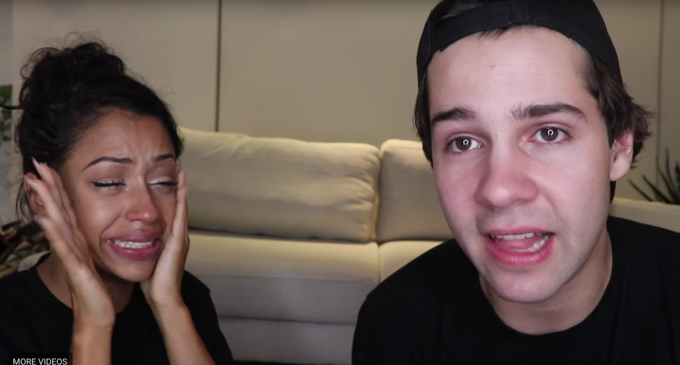 Earlier this month YouTube couple <span>David Dobrik and Liza Koshy</span> taped an emotional video about their breakup. Photo: YouTube/David Dobrik