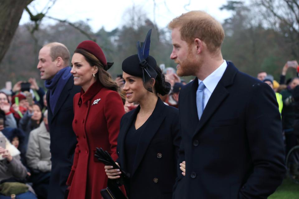 Both years, Meghan and Harry walked alongside Kate and William to church.