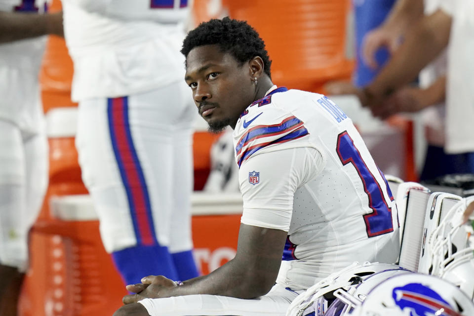 Buffalo Bills wide receiver Stefon Diggs (14) sits on the bench during the second half in an NFL football game against the Pittsburgh Steelers, in Pittsburgh, Saturday, Aug. 19, 2023. (AP Photo/Matt Freed)